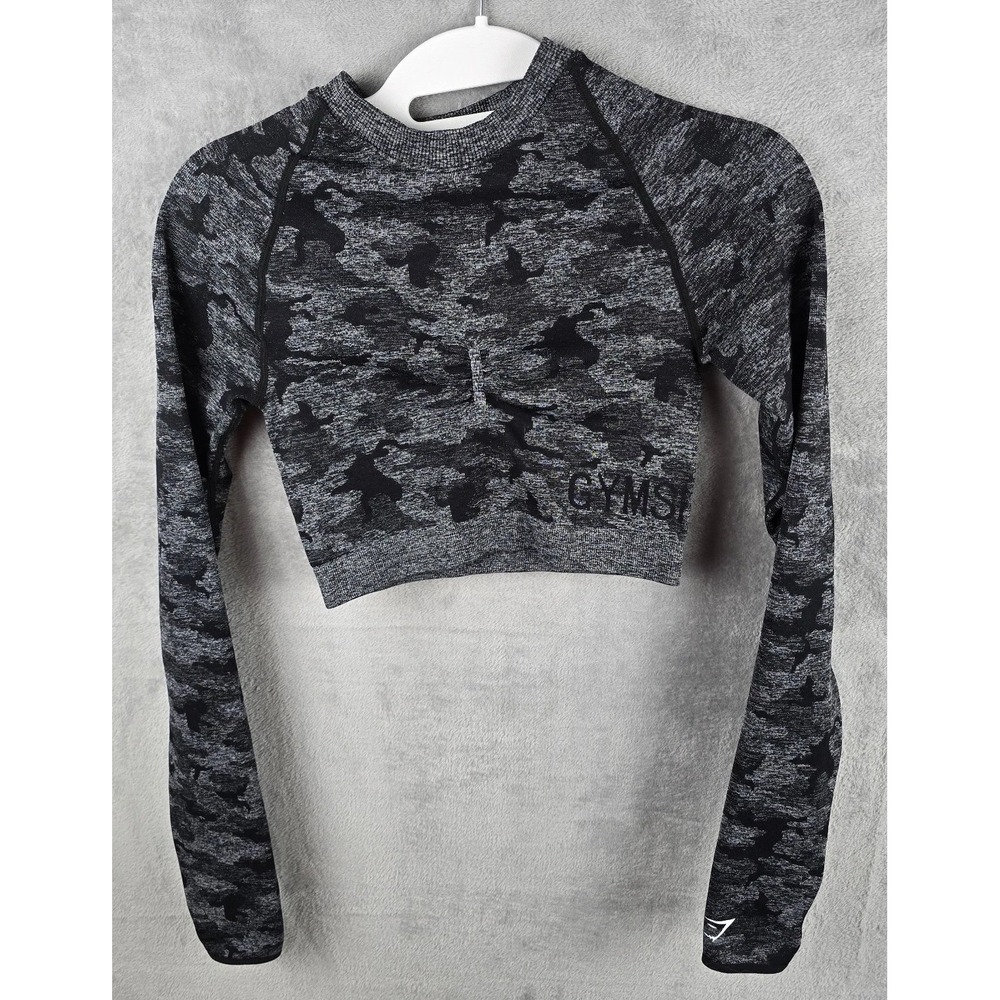 Gymshark Camo Seamless Long Sleeve Crop Top Black Grey GLCT1855 Size S